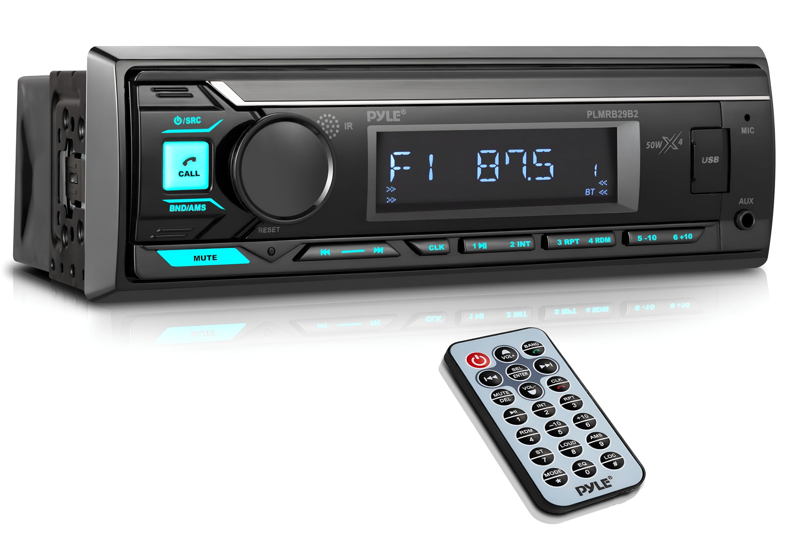 Pyle Marine Bluetooth Stereo Radio - 12v Single DIN Style Boat In dash Radio Receiver System with Built-in Mic, Digital LCD, RCA, MP3, USB, AM FM Radio - Remote Control - PLMRB29B (Black)